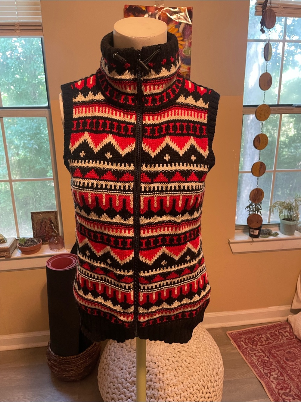 Ralph Lauren active vintage Red Black White Fair Isle Zip Knit Vest